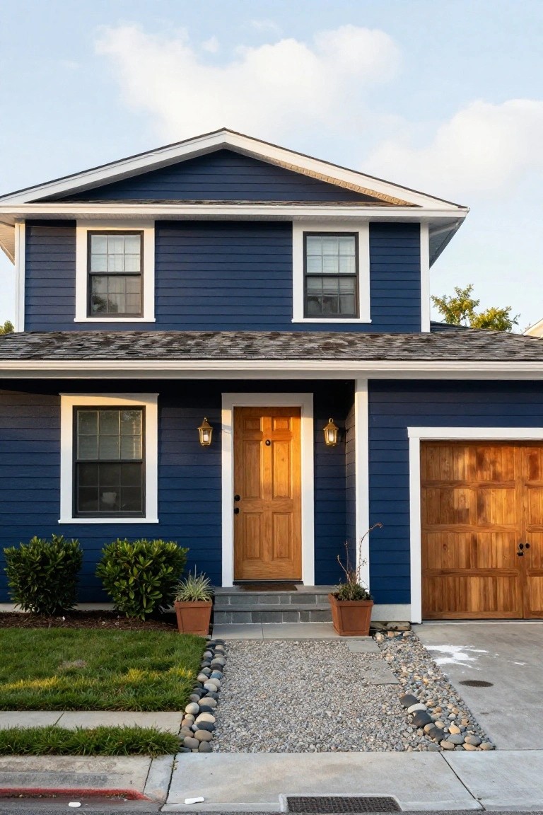 A two-story house painted navy blue with white trim, featuring a wooden front door, wooden garage door, boxwood shrubs, and a gravel pathway in front.