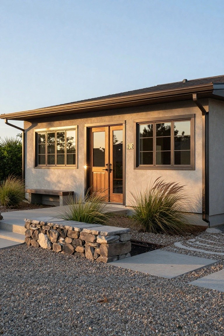 A single-story stucco house exterior with light beige-gray walls, brown metal roof and gutters, wooden double entry doors numbered 826, adjacent triple-pane windows with wood frames, wooden bench, pampas grasses, stone retaining wall, and gravel ground cover.