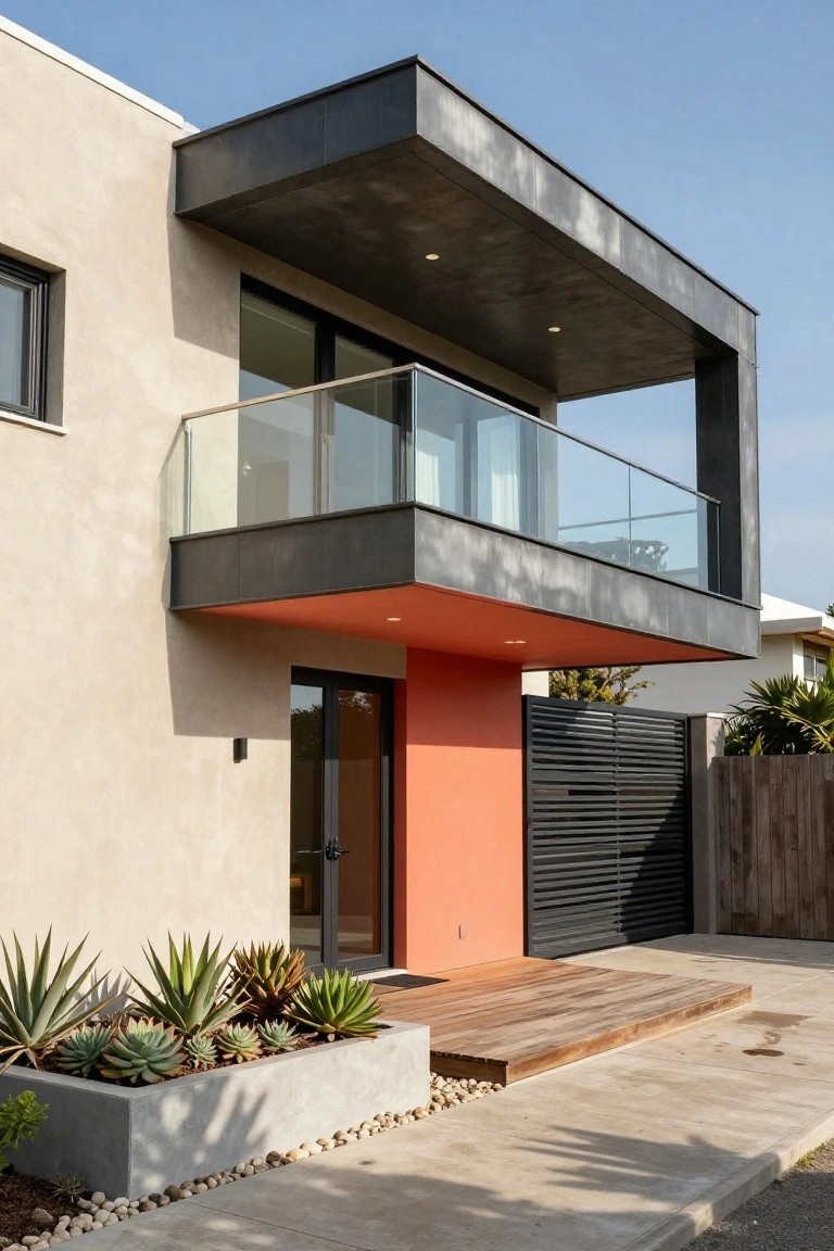 Modern house exterior with beige stucco walls, orange accent panel at the entry door, black metal balcony railing and slatted gate, wooden deck steps, concrete planters filled with agave succulents, and gravel ground cover.