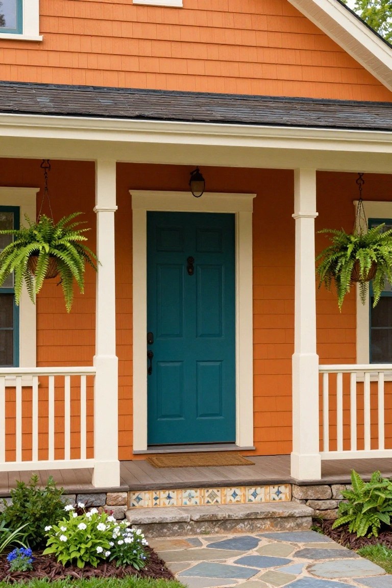 Front facade of a terracotta orange shingle house with white trim, teal wood front door, porch columns hung with ferns, lantern light, tiled entry steps, and flagstone walkway.