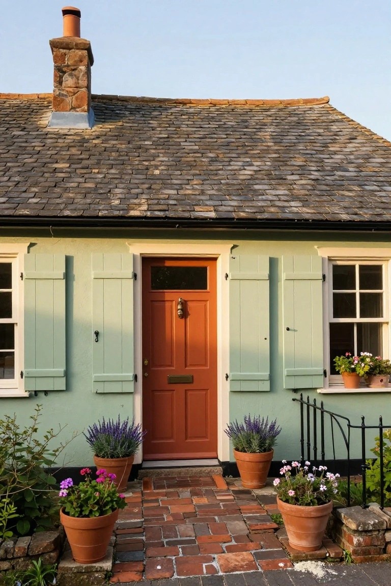 Pale green cottage with slate roof, open mint green shutters on windows flanking a bright red front door, terracotta pots of purple and pink flowers on either side of a brick path.