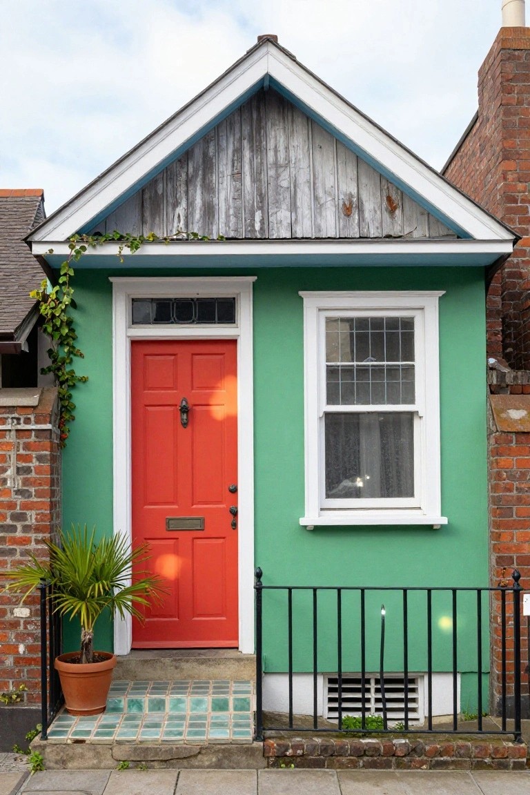 Small mint green house with red front door, white trim on door and window, climbing ivy on left side, potted palm plant by entrance, black iron railing, and teal tiled steps on brick-paved street.