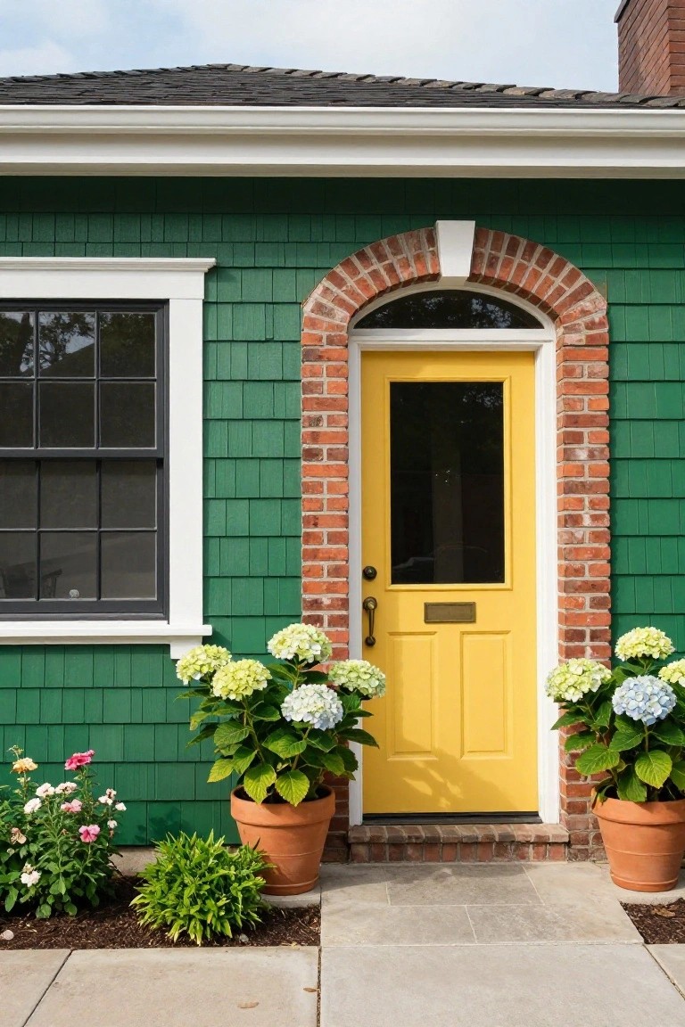 Green shingle-sided house exterior with dark green siding, yellow panel door framed by brick archway and sidelight, white trim window to the left, and large white hydrangea plants in terracotta pots flanking the entry steps.