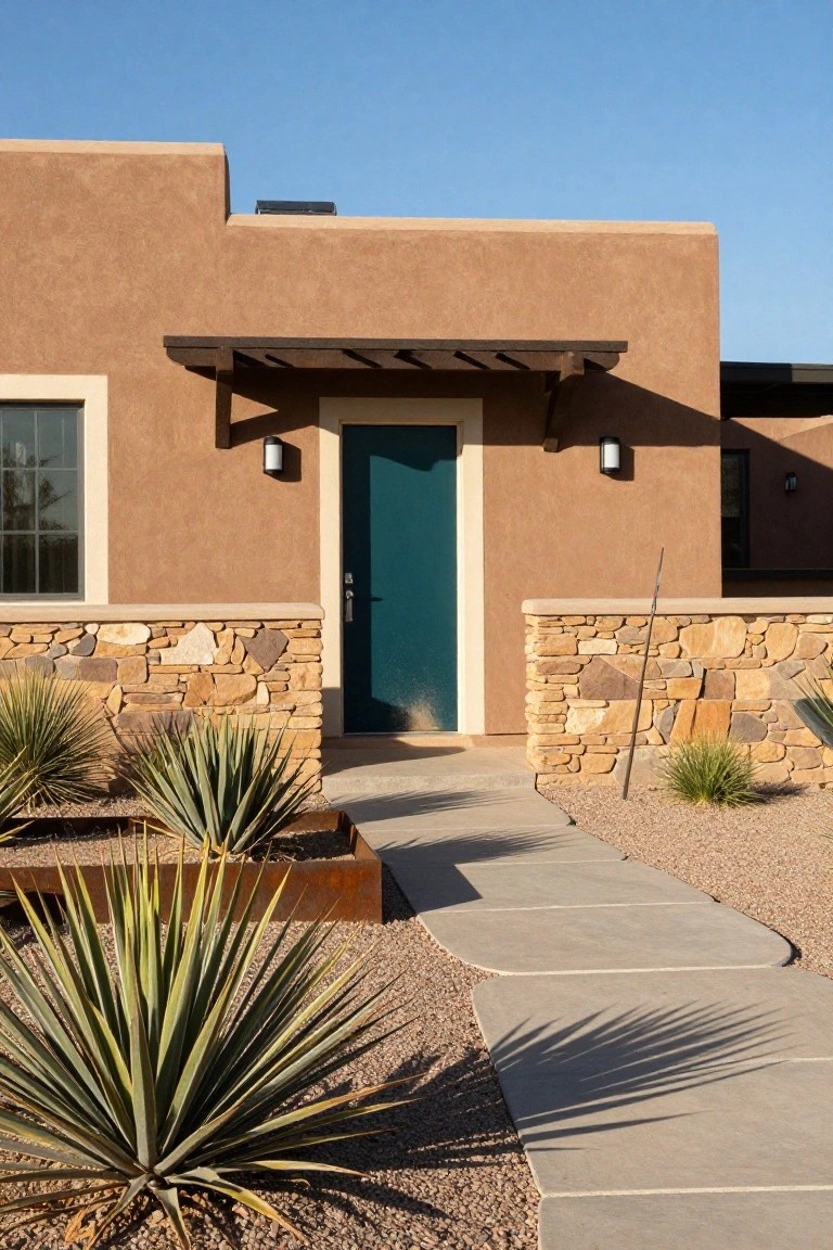 Terracotta adobe house facade with teal front door, wooden overhang, stone base wall, yucca plants, and concrete pathway in desert gravel yard.