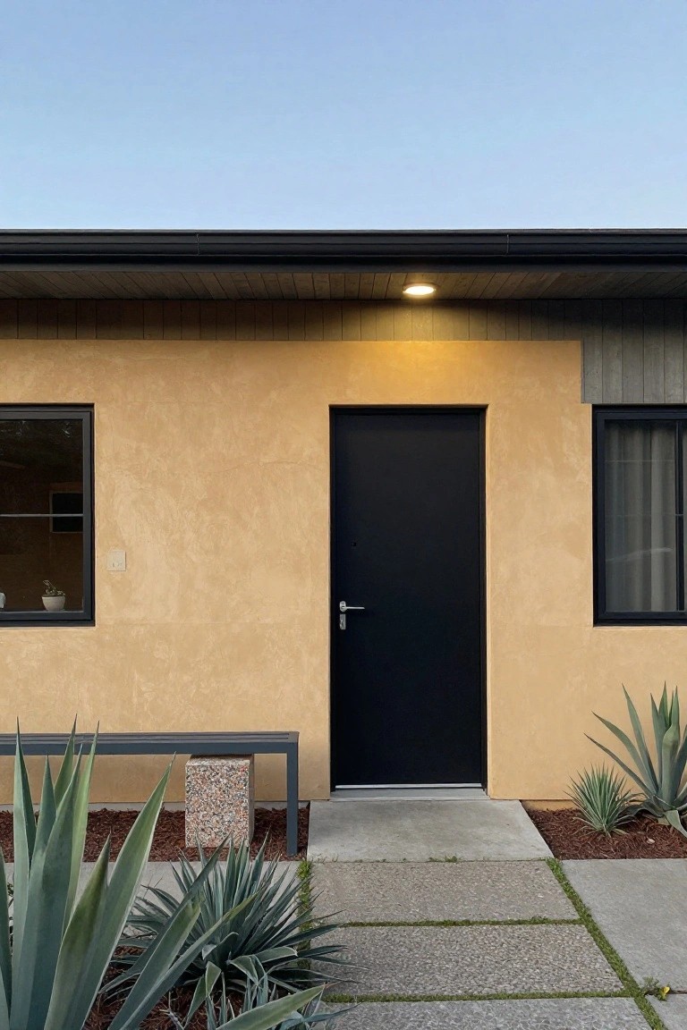 Beige stucco house exterior with black front door, black-framed windows, wooden accents under the overhang, agave plants, bench, and concrete pathway.