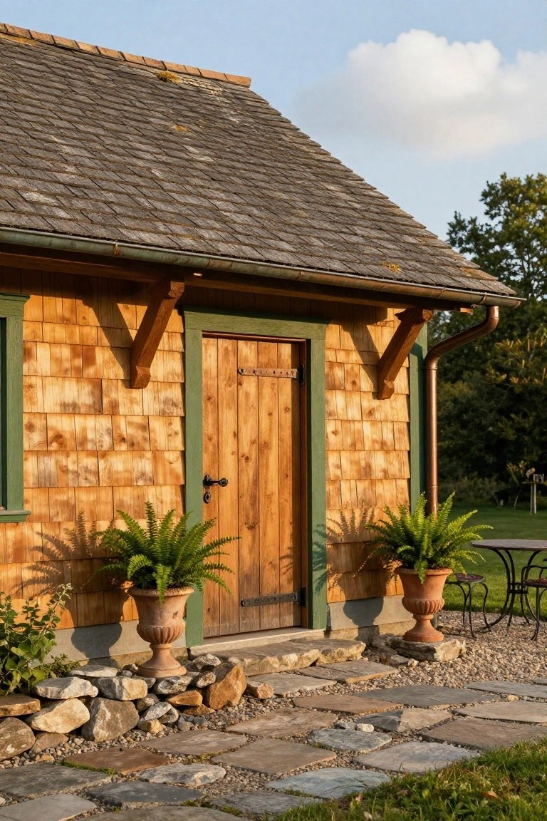 Side view of a shingle-sided house with dark green window and door frames, wooden entry door flanked by two potted ferns, stone pathway leading to gravel patio area with chairs and table.