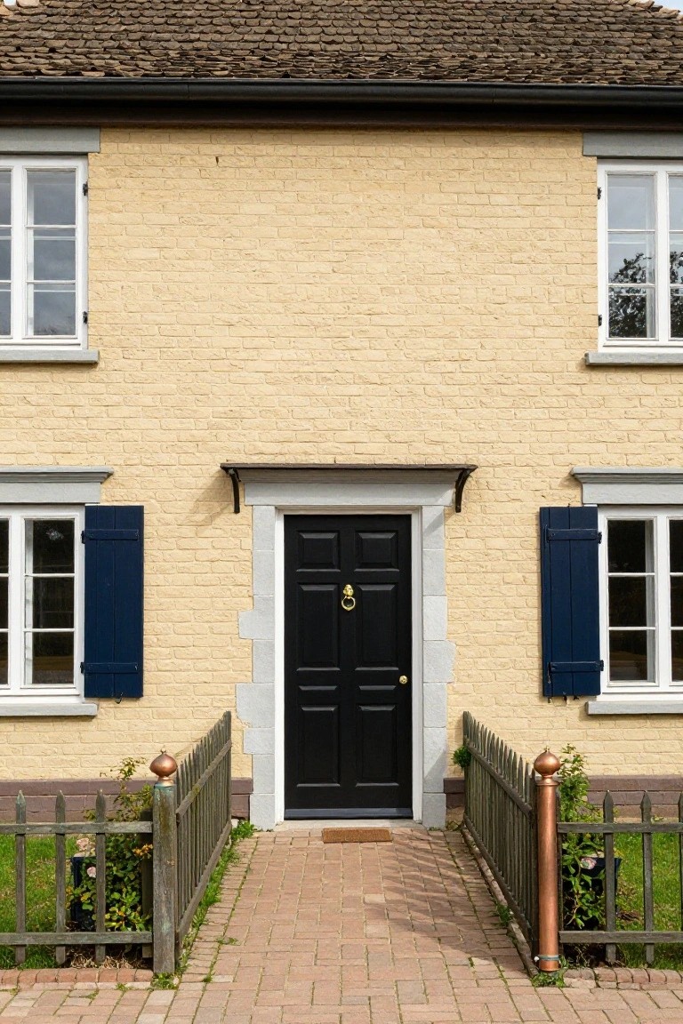 Yellow brick house facade with black front door featuring brass knocker and stone surround, flanked by windows with navy shutters, small wooden picket fence, and brick path.