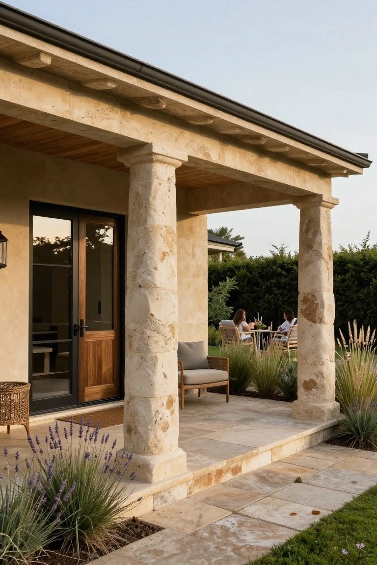 Exterior of a house with light beige limestone walls and columns supporting a porch roof, black metal-framed double doors with wooden panels, a lantern light, potted plants, outdoor chairs and pillows nearby, grasses and lavender in the landscaping, and people seated at a table in the background.