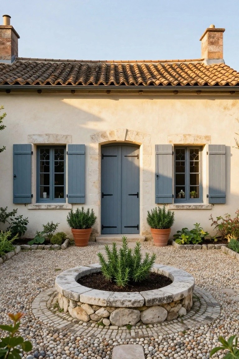 Cream limestone house facade with arched blue door, blue shutters on windows, terracotta tile roof, potted rosemary plants on sides, and central stone planter with rosemary in gravel courtyard.