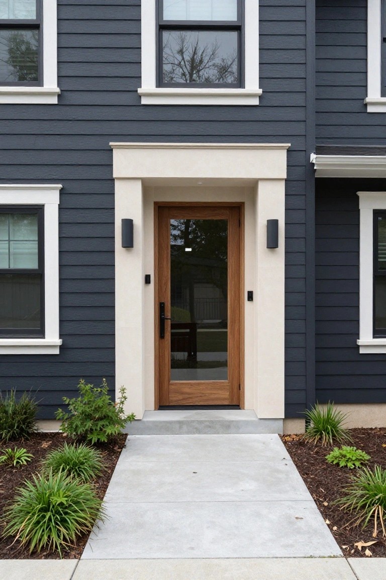 Front view of a two-story house with dark gray clapboard siding, white window trim, beige stone entry portico, glass-paneled wooden front door flanked by black wall sconces, and low plants along a concrete walkway.