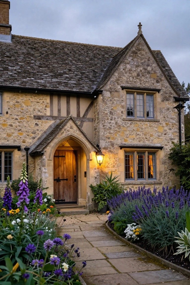 Stone cottage exterior with dark timber framing, arched wooden doorway, lantern light, and purple flowers bordering a stone path.