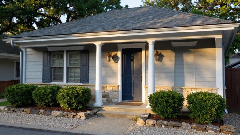 Front view of a two-story gray clapboard house with navy blue front door, white porch columns, copper lanterns, limestone steps, stone foundation, boxwood shrubs, and gravel path.