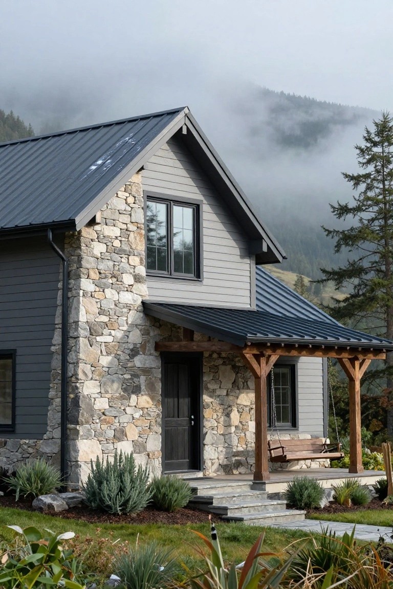 Gray horizontal siding house with limestone corner pillar and entry surround, black-framed windows and door, dark metal gable roof, wooden covered porch with swing bench and steps, agave plants and grass in front, misty evergreen mountain backdrop