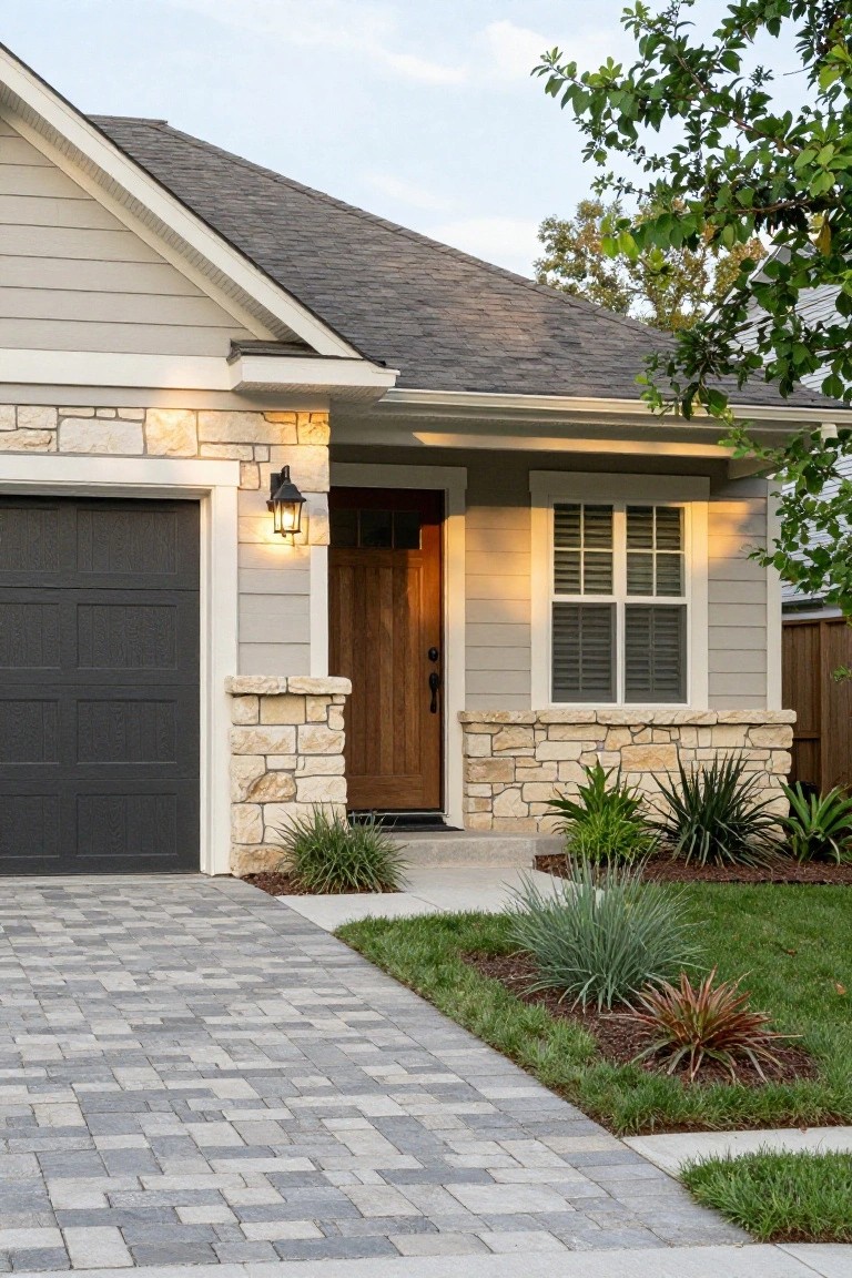 Front view of a single-story house with light gray horizontal siding, beige limestone accents on the garage pillar and entry area, dark wood garage door, brown wood front door, lantern light, paver driveway, and low succulent plantings in the yard.