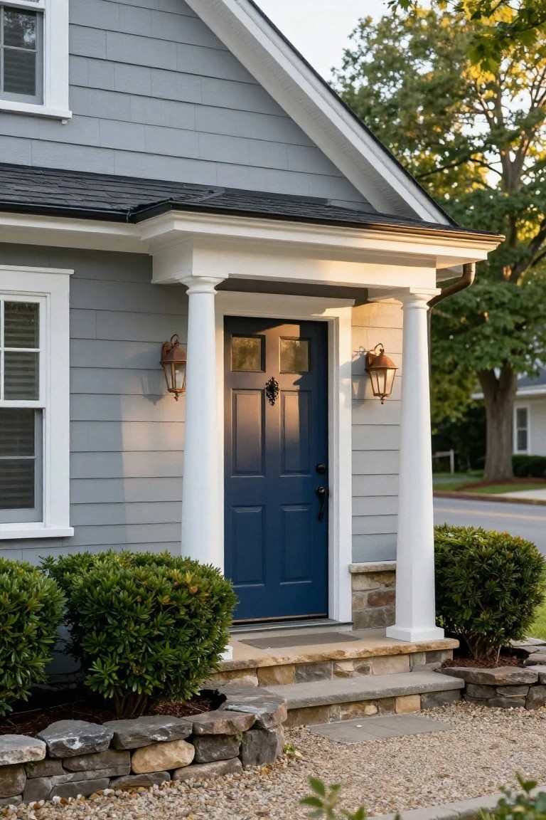 Front view of a two-story gray clapboard house with navy blue front door, white porch columns, copper lanterns, limestone steps, stone foundation, boxwood shrubs, and gravel path.