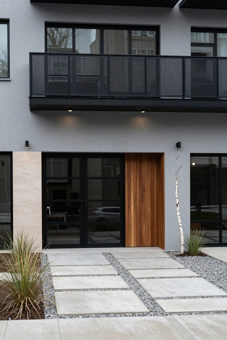 Modern house facade with light gray stucco walls, black-framed sliding glass doors and windows, vertical wood-plank entry door, beige limestone pillar, black metal balcony above, concrete slab pathway with gravel and grasses in front.
