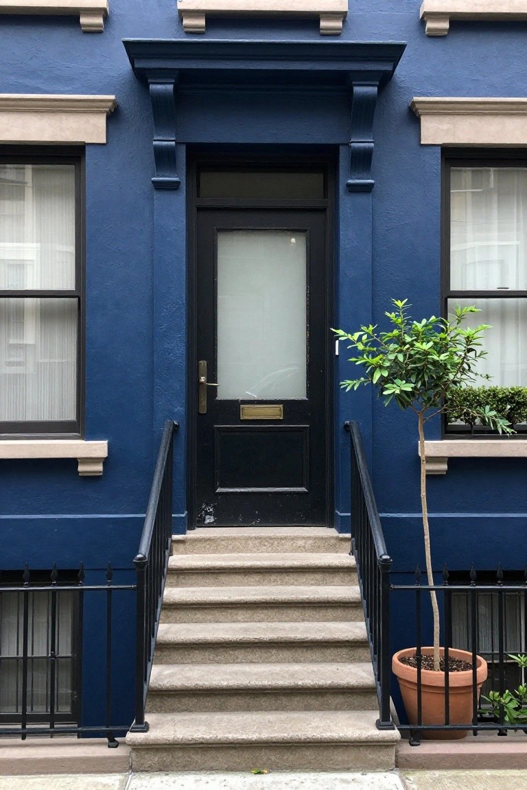 Navy blue painted two-story townhouse exterior with beige limestone trim, black front door with frosted glass panel and brass knocker, stone steps with black wrought iron railing, and potted tree beside the entrance.