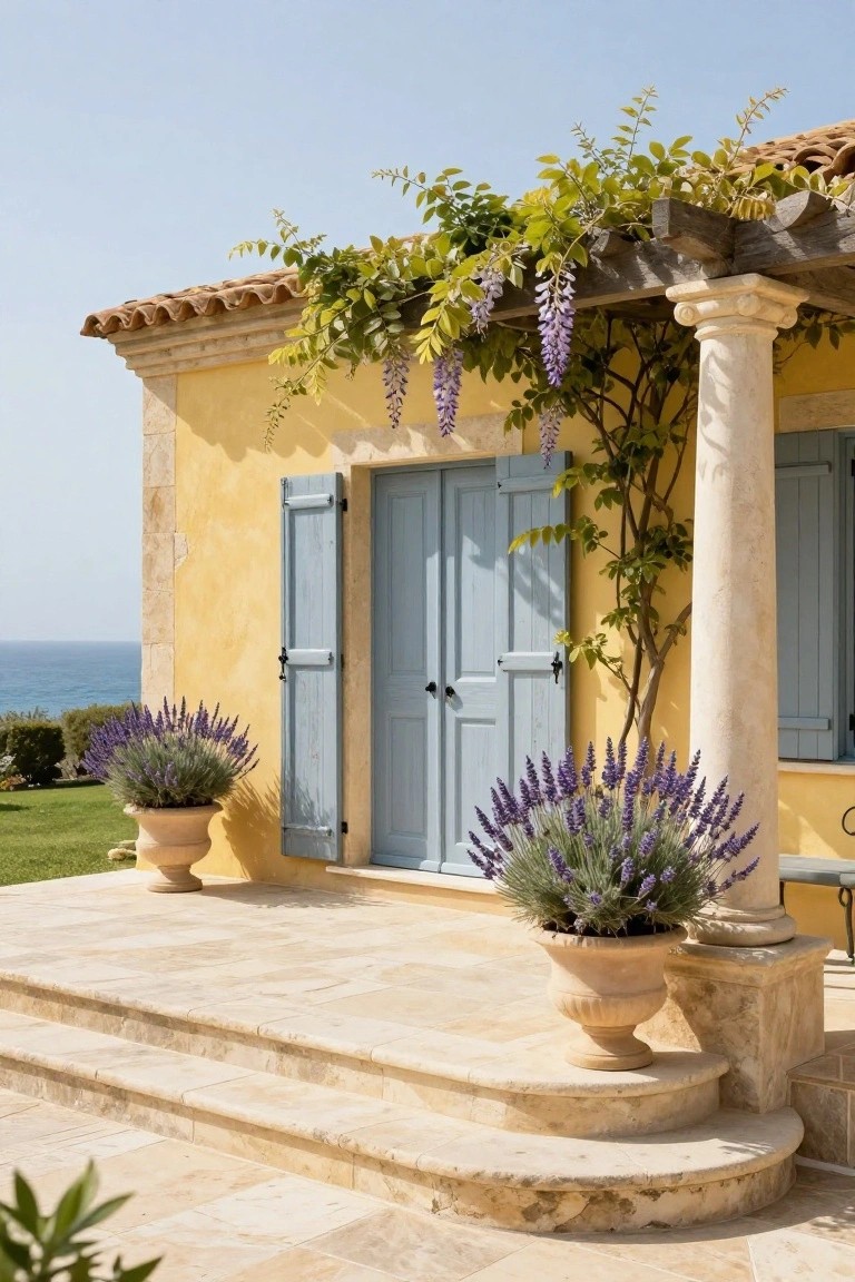 Yellow stucco house exterior with blue door and shutters, beige stone columns and steps, wisteria vine on pergola, potted lavender plants, and ocean view in background.