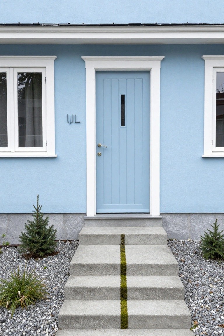 Light blue painted house exterior with white window trim, a matching blue front door labeled UL, concrete steps with a green moss line, gravel ground cover, and small fir trees on either side.