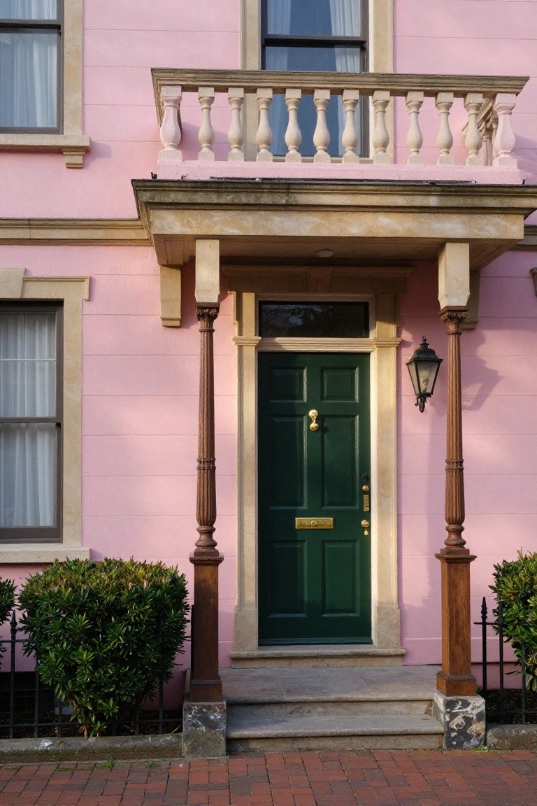 Pink painted house facade with limestone trim and archway around a dark green front door, wooden porch columns, hanging lantern light, boxwood shrubs in black metal edging, and brick front path.