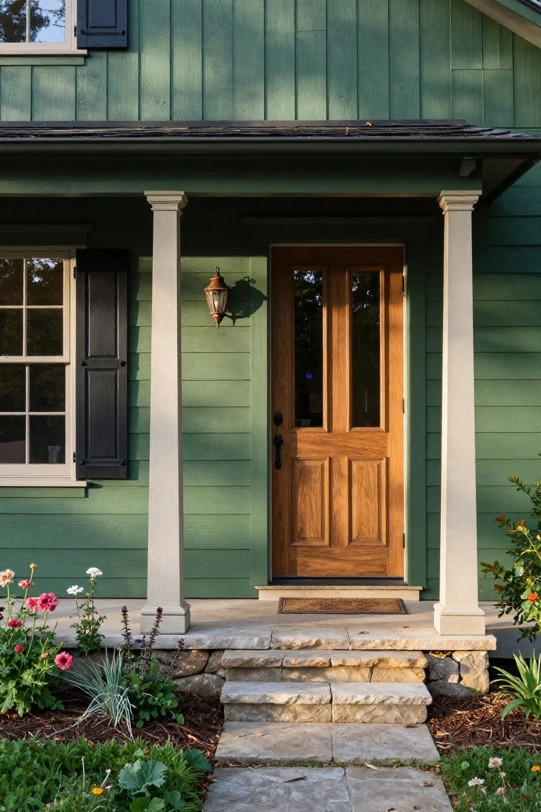 Front porch of a green clapboard house with white columns, glass-paneled oak front door, lantern light, limestone steps, and garden plantings along the base.