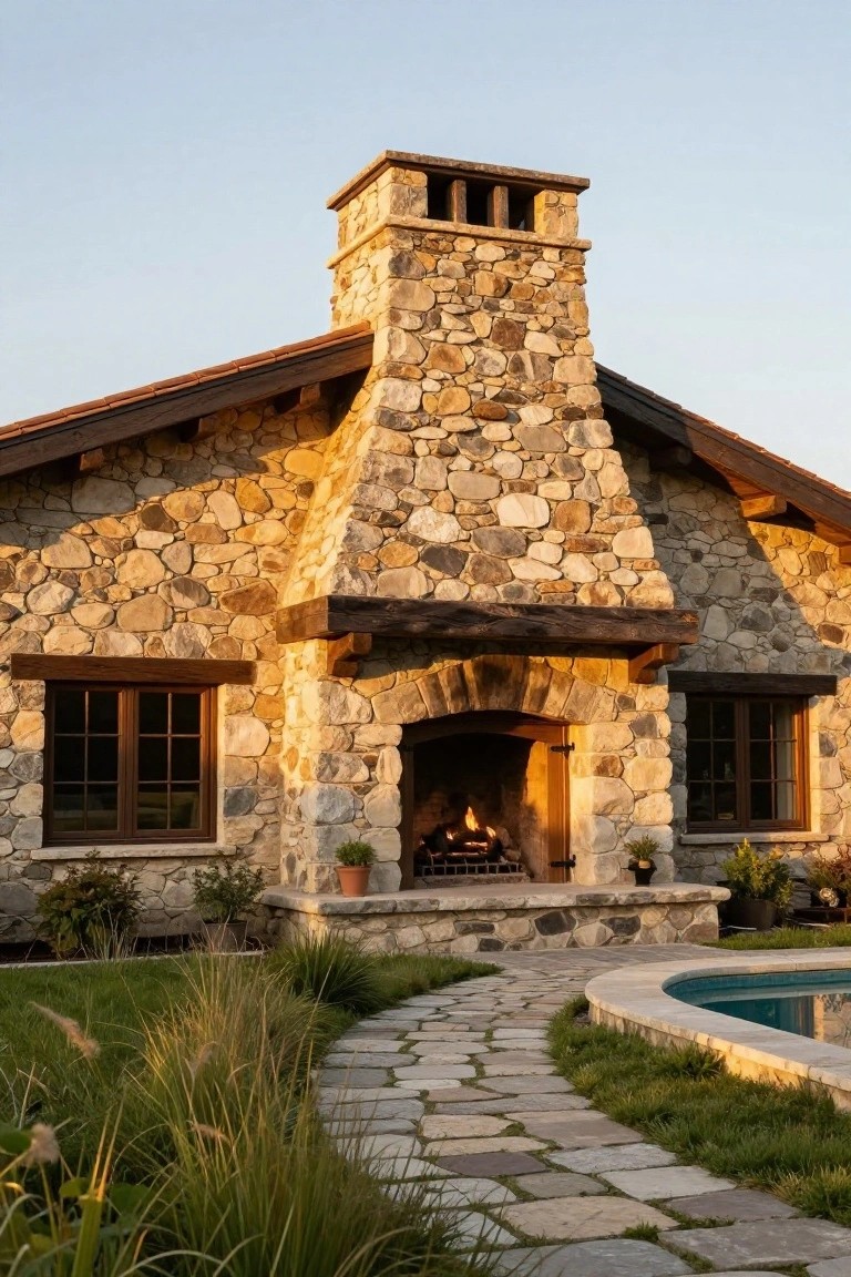 Stone house exterior with a large arched outdoor fireplace and tall chimney, flanked by windows, plants, a stone path, and a pool edge in evening light.