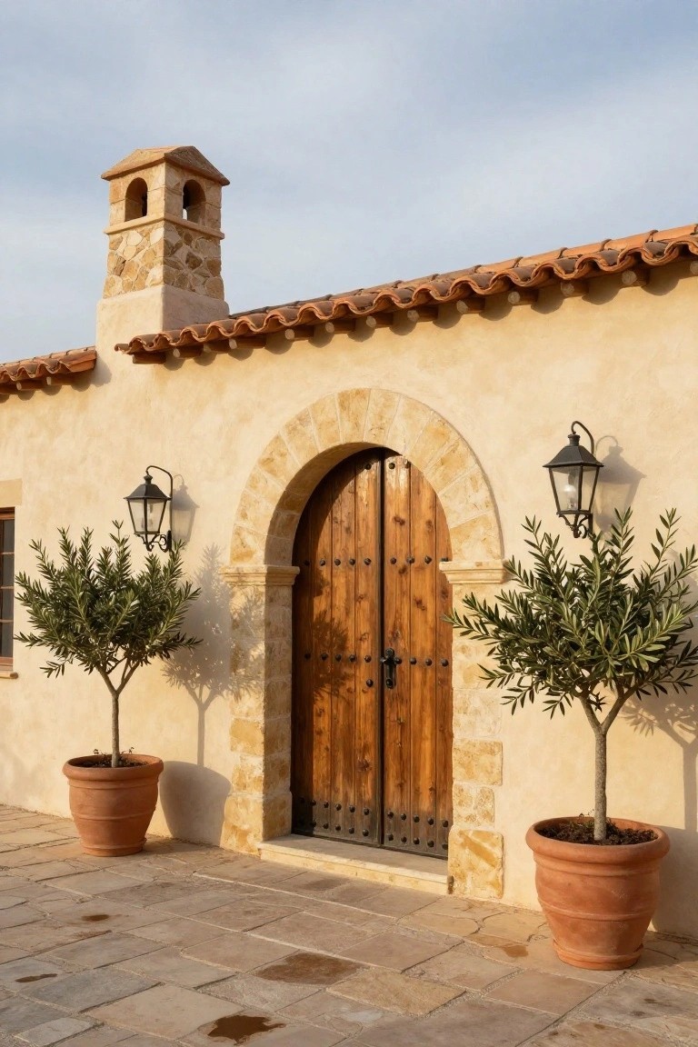 Spanish-style house facade with light beige stucco walls, terracotta tile roof, arched stone entryway with wooden double doors, wrought iron lanterns, and potted olive trees on a stone paver patio.