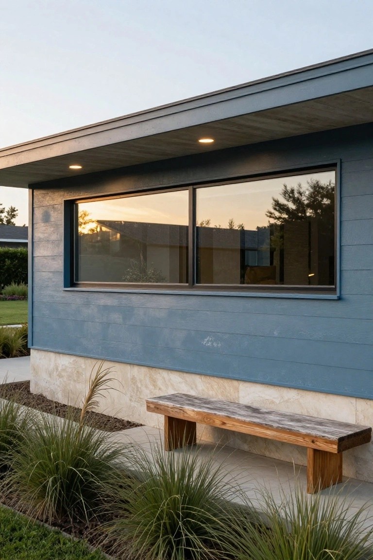 Side view of a modern house with blue horizontal siding, large dark-framed window reflecting sunset, concrete overhang with recessed light, limestone base, wooden bench, and tall ornamental grasses beside a lawn.