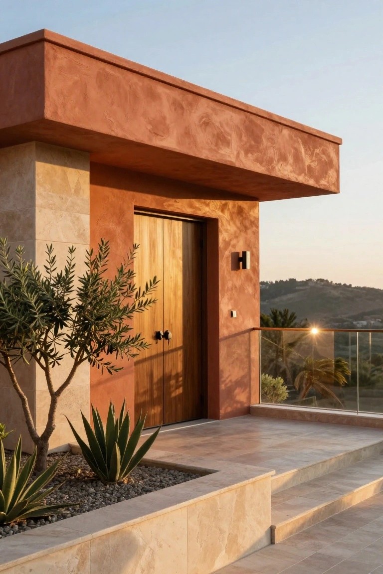 Exterior of a modern house showing terracotta-plastered walls, a wooden double door entry, limestone columns and steps, with agave and olive plants in a gravel bed, a glass balcony railing, and hillside views at sunset.
