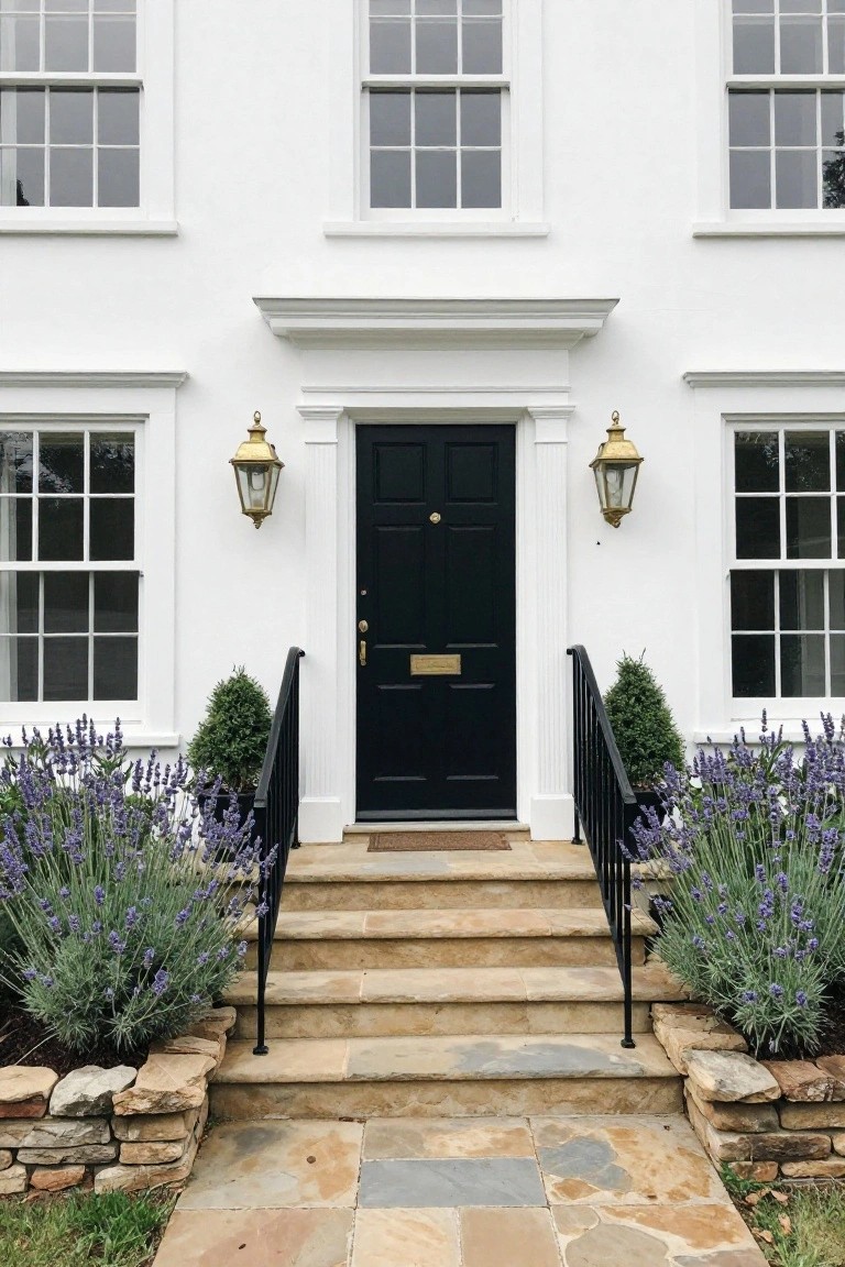 White clapboard house facade with black front door centered under a pediment, flanked by gold lanterns, black iron railing on beige limestone steps, purple lavender plants in beds on sides, stone pathway leading to entry.