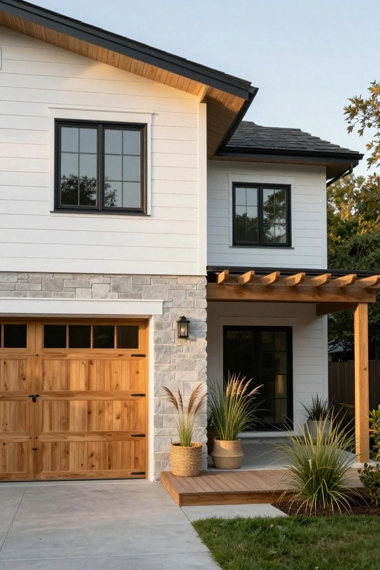 Two-story house exterior featuring white shiplap siding, gray limestone accents on the garage base, wooden garage door with glass panels, black-framed windows, a covered entry with wooden beams, potted grasses, and a concrete driveway.
