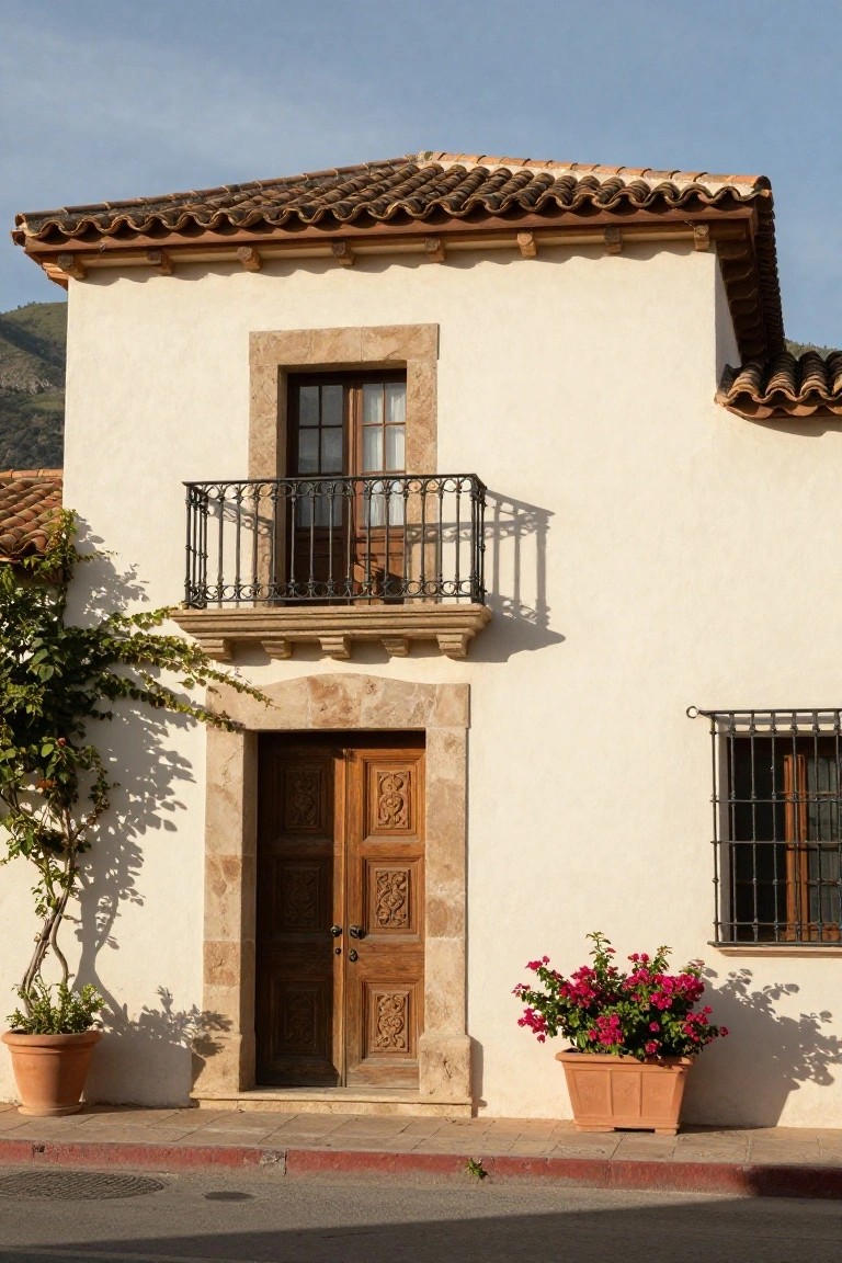 White stucco house facade with terracotta tile roof, stone-framed carved wooden double doors, wrought iron balcony and window grilles, potted bougainvillea plants, and climbing vine on a sunny street.