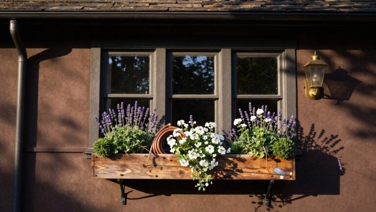 Beige stucco house wall with black door, brass lantern, black-framed window, wooden window box filled with purple lavender, white geraniums, green boxwood, and trailing silver plants, coiled hose on ground.