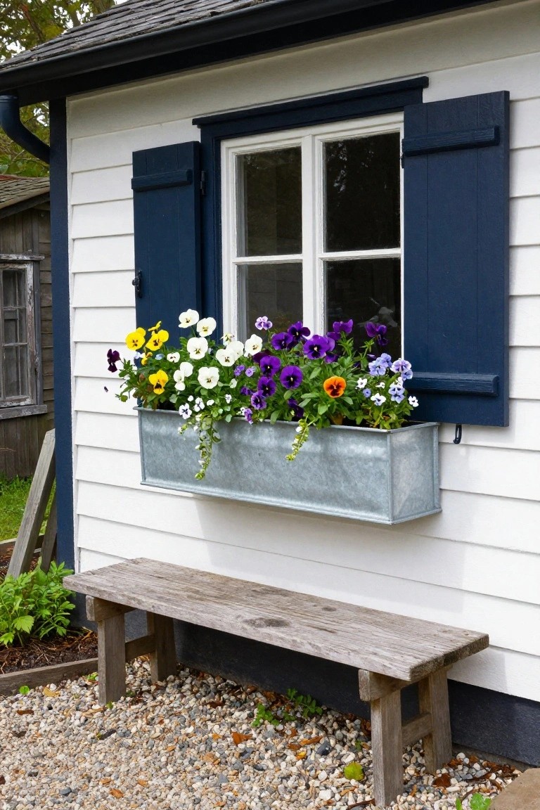 White clapboard house wall with navy blue shutters framing a double window, a galvanized metal window box below filled with multicolored pansies including purple, yellow, white, and orange flowers, wooden bench on gravel ground in front.