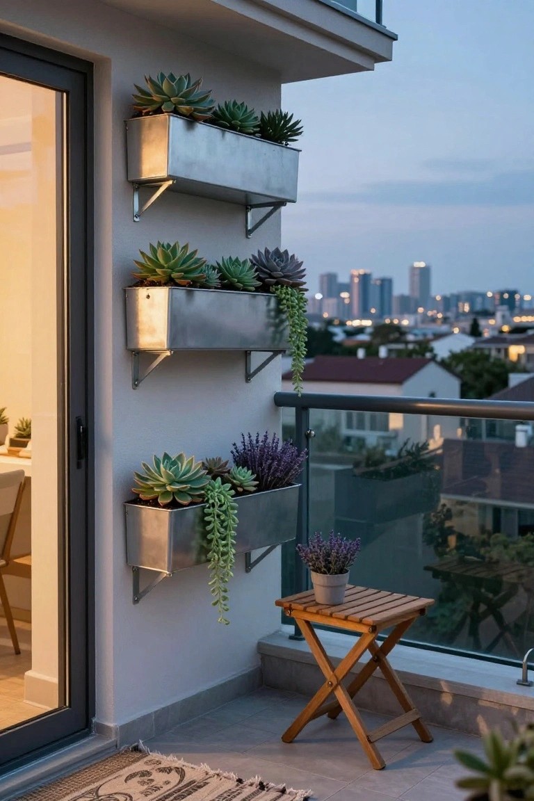 Balcony exterior featuring three vertically stacked rectangular metal planters mounted on a white wall beside a glass door, containing various succulents and trailing plants, with a small wooden stool, potted lavender, and city skyline view at dusk.