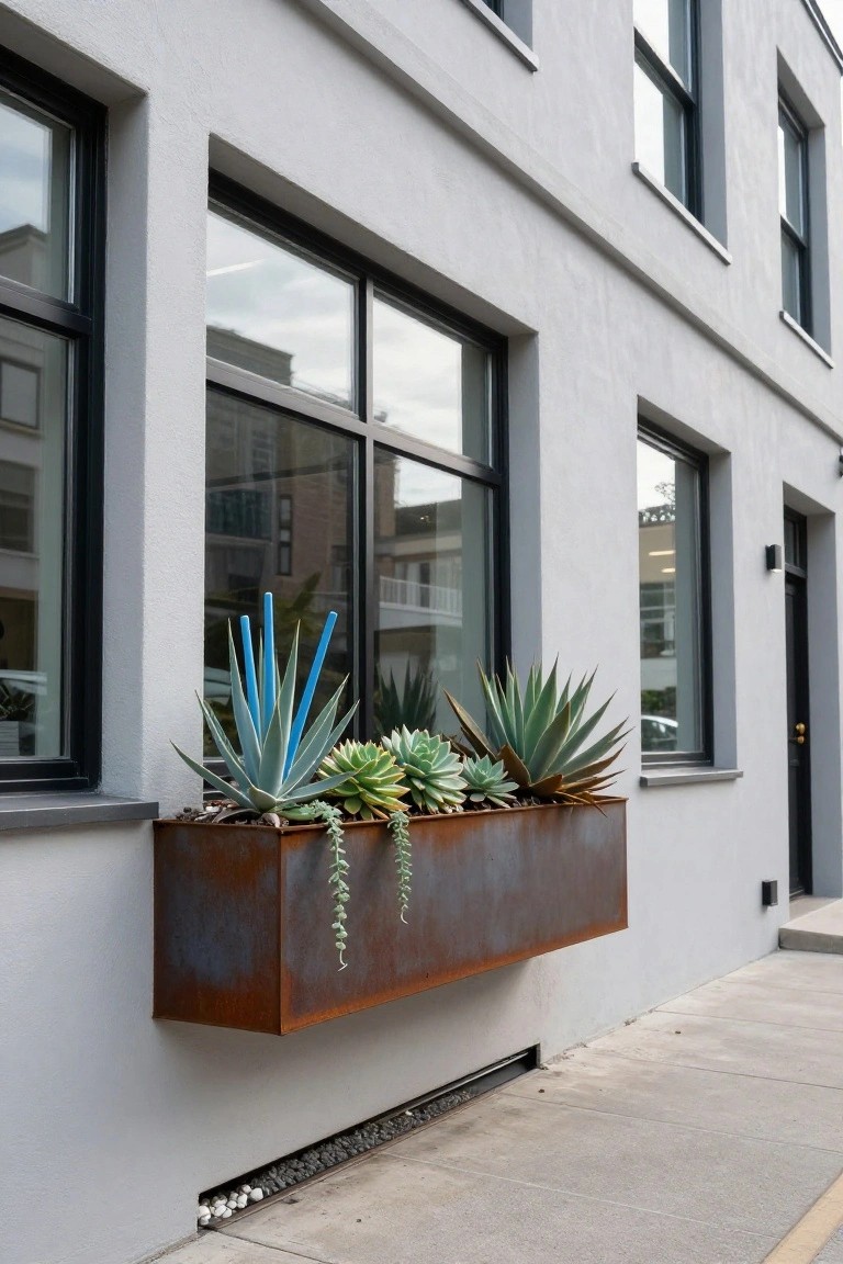 Gray stucco building exterior with black-framed windows and a rectangular rusted metal window box planter filled with blue agave plants, other succulents, and trailing greenery mounted below a window.