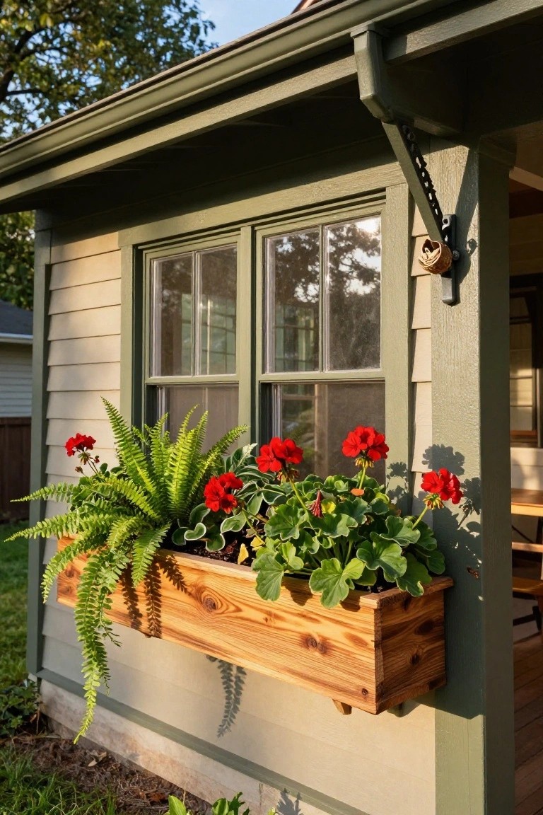 Wooden window box mounted below a green-framed double window on beige house siding, filled with red geraniums, trailing ferns, and green foliage.