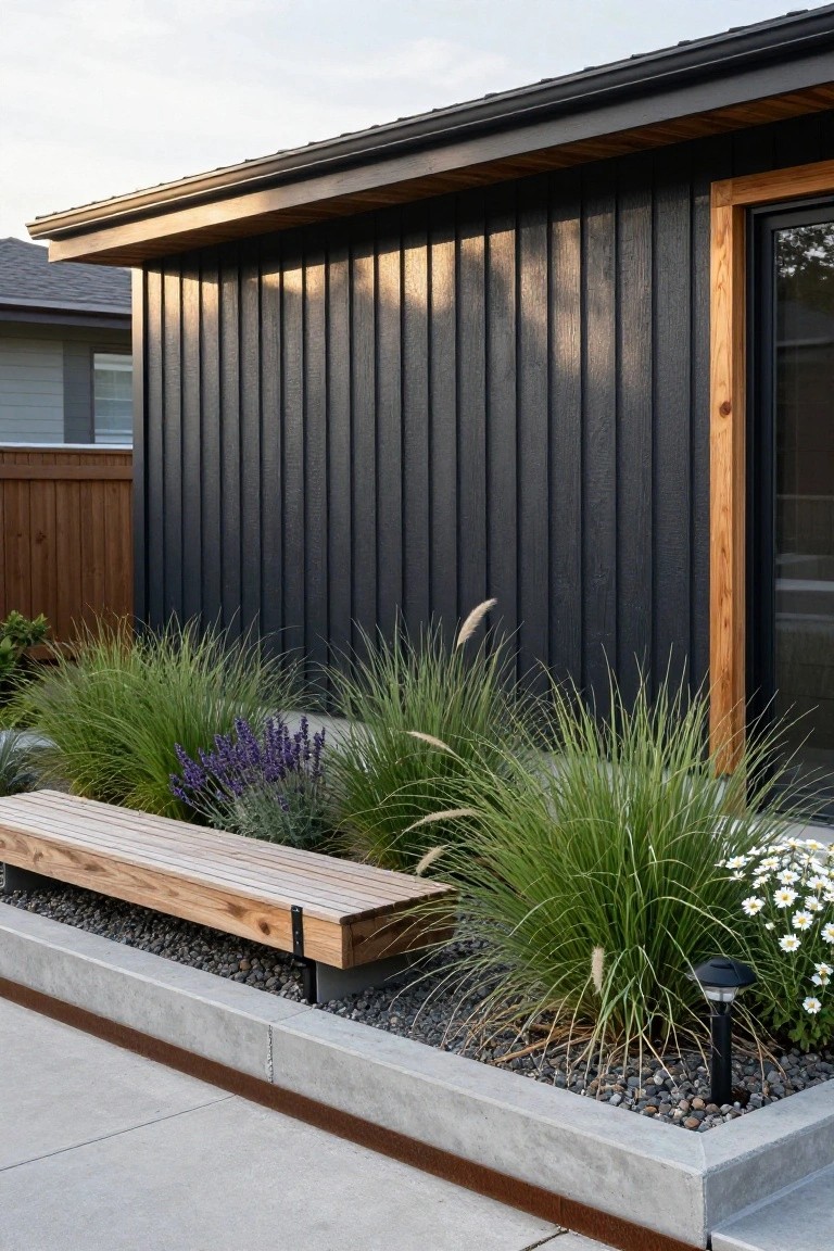 Exterior view of a modern house with dark vertical wood siding and a large black-framed window, next to a raised concrete planter bed mulched with gravel and planted with tall ornamental grasses, lavender bushes, daisies, and a flush wooden bench.