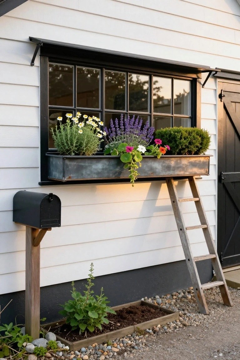 White clapboard exterior wall of a house with a black-framed window holding a rusted metal trough window box overflowing with daisies, lavender, and other colorful flowers, next to a black mailbox on a wooden post, a leaning wooden ladder, and a small gravel garden bed with plants at the base.