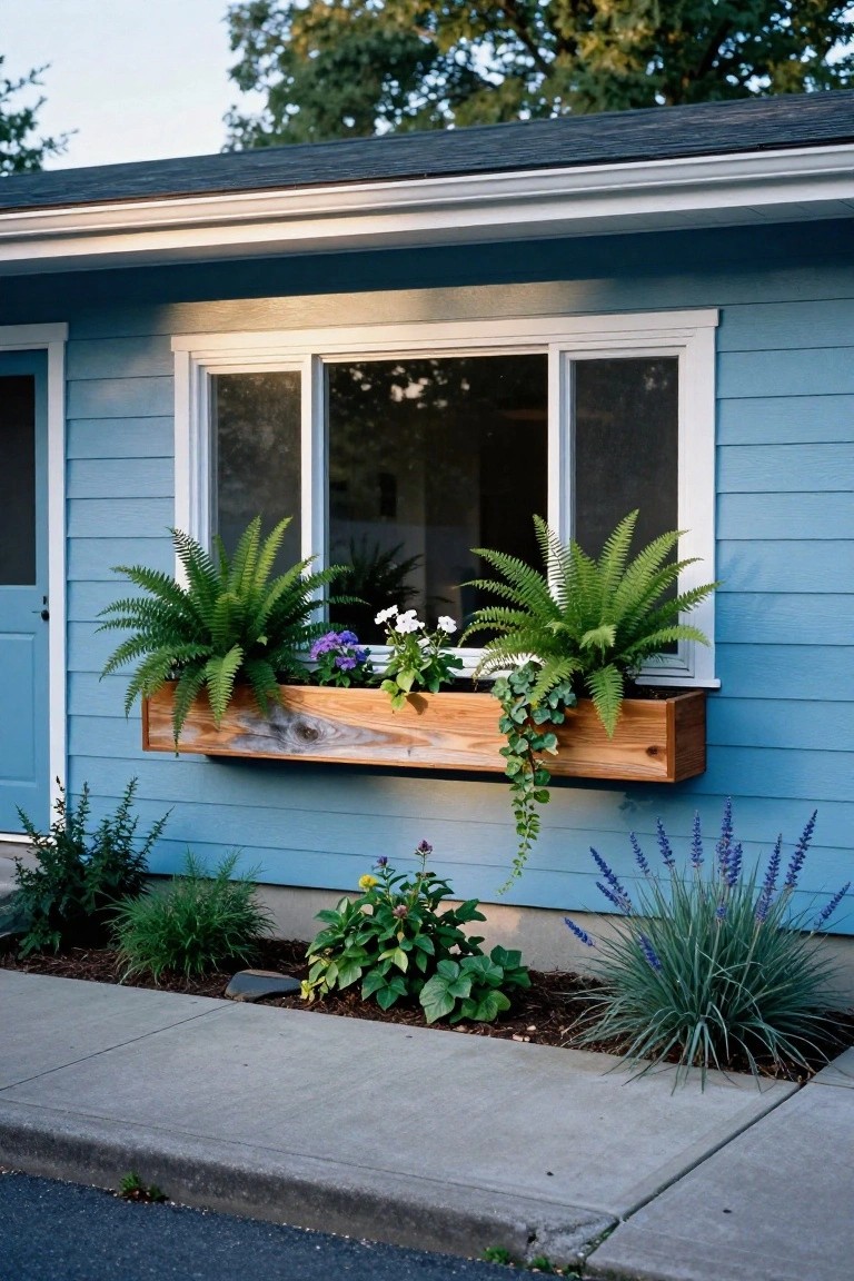 Blue clapboard house exterior with white window trim and a wooden window box planter overflowing with ferns, lobelia flowers, and trailing ivy under the window, plus low shrubs and lavender in the front garden bed along a concrete sidewalk.