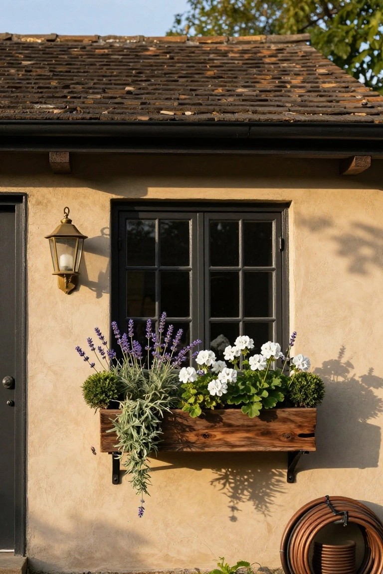Beige stucco house wall with black door, brass lantern, black-framed window, wooden window box filled with purple lavender, white geraniums, green boxwood, and trailing silver plants, coiled hose on ground.