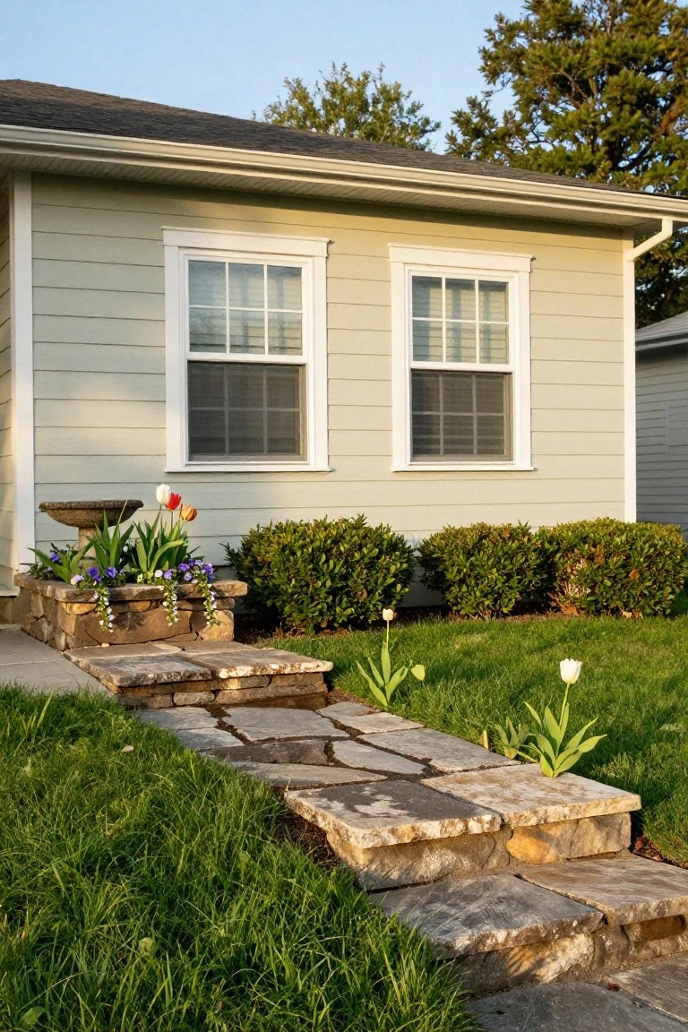 Light green house with white trim and two screened double-hung windows, flanked by a stone planter filled with tulips, irises, and pansies next to flagstone steps and path edged by grass, boxwood shrubs, and tulips.