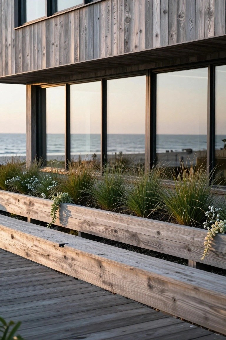 Exterior of a modern wooden beach house with large black-framed windows overlooking the ocean, long wooden planter boxes filled with tall grasses, white flowers, and succulents along a deck with built-in benches.
