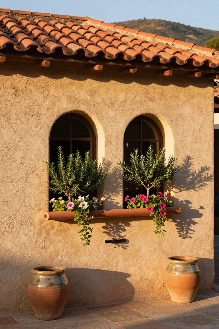Beige textured stucco house wall with terracotta tile roof, two arched dark wood-framed windows with rosemary plants in sills, shared terracotta window box below overflowing with pink and white flowers, and two large terracotta pots on tiled patio with hills in background.