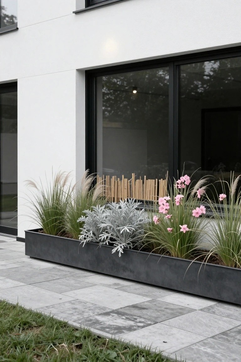 White modern house exterior with a long black metal rectangular planter box containing tall ornamental grasses, silver-leafed plants, pink flowers, and vertical bamboo stalks next to black sliding glass doors on a gray tiled patio edged by grass.