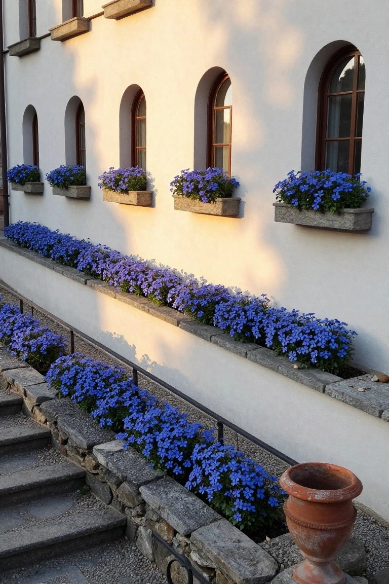 White stucco building facade featuring arched wooden-frame windows with stone window boxes filled with cascading blue flowers, matching blue flower borders on stone ledges beside steps, and a terracotta urn at the bottom.