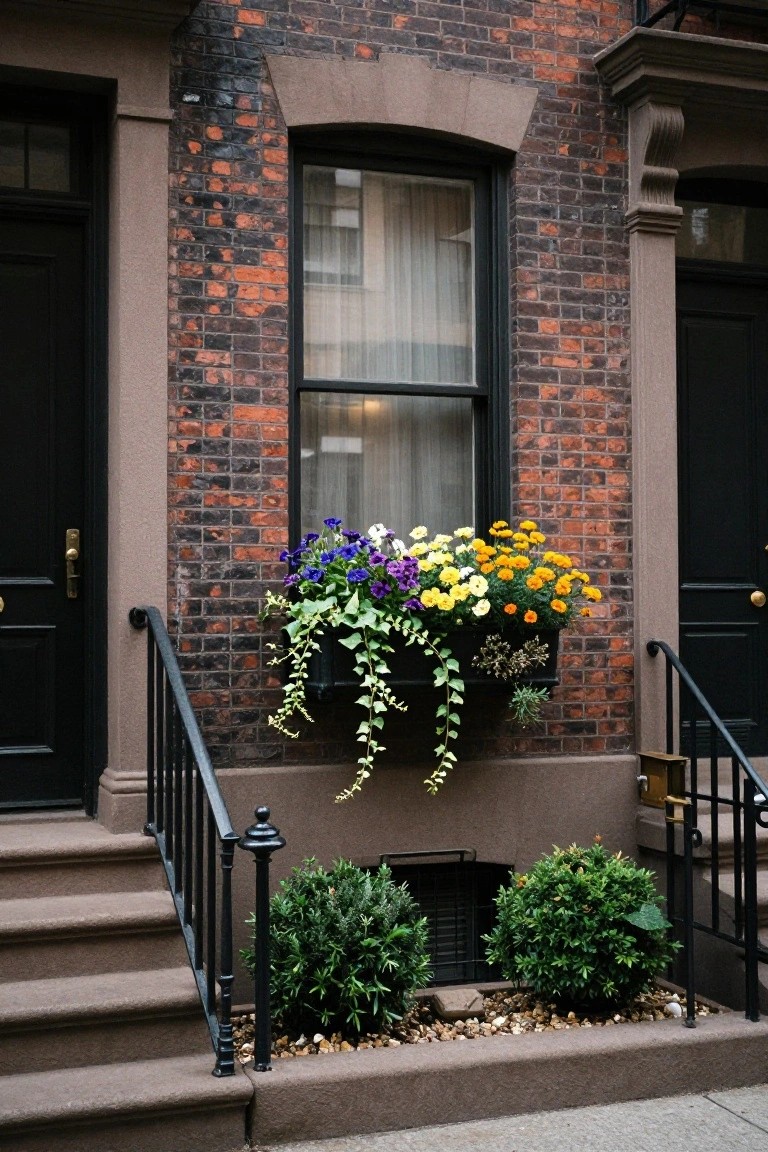 Brick townhouse exterior with two black doors flanking a window, featuring a window box filled with purple, yellow, and orange flowers trailing ivy, stone steps leading up, and small shrubs in gravel beds at the base.