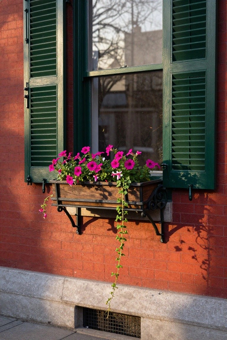 Red brick house wall with green louvered shutters framing a double window, wooden window box overflowing with pink flowers and trailing ivy on a metal bracket above a stone base.