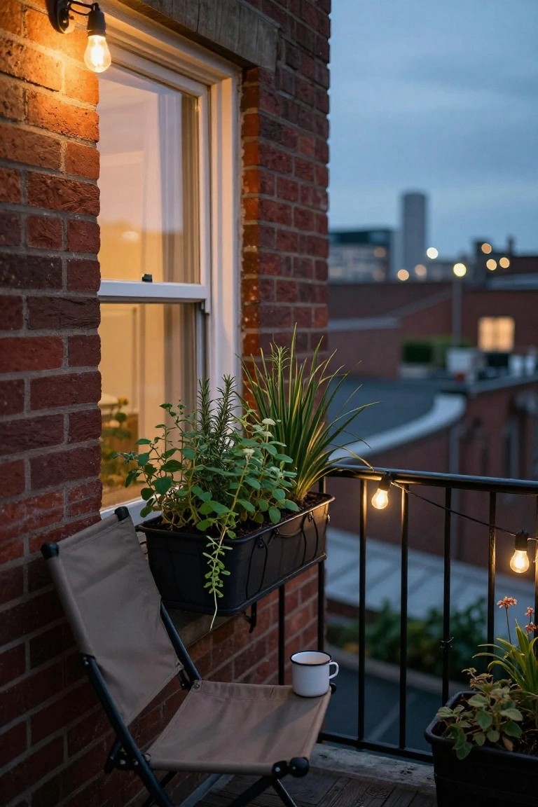 Brick exterior wall with an open window beside a black metal planter box mounted on a balcony railing, filled with herbs and trailing plants, a folding canvas chair, a white mug on the armrest, string lights, and a city view at dusk.
