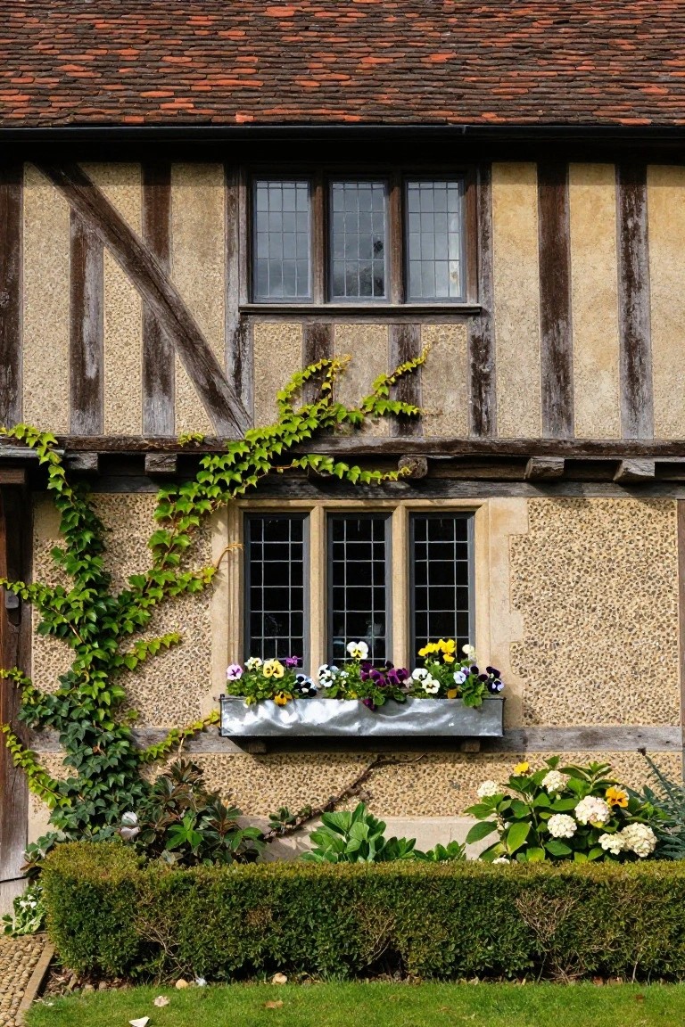 Half-timbered house facade with dark wood beams, light plaster walls, climbing ivy, a galvanized metal window box overflowing with multicolored pansies under a multipane window, and a low boxwood hedge in front on a grassy lawn.